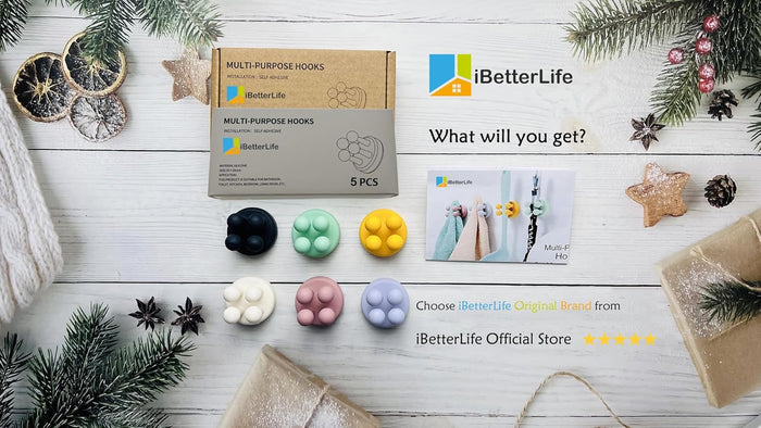 iBetterLife Self-adhesive Silicone Hook Holders - 5Pcs Mounted to Wall for Clipping Hanging Toothbrush Razor Towel Key Plug Cable, Utility Holders for Kitchen Bathroom Home Office Dorm Room Essentials