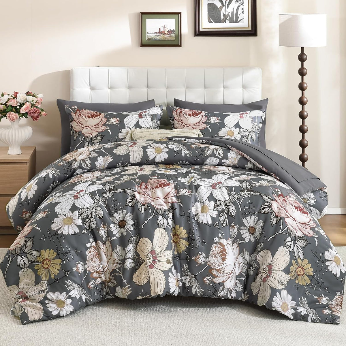Luxudecor King Comforter Set 7 Pieces Bedding Sets,Black Pink Floral Comforter and Sheet Set,Soft Microfiber Bed in a Bag for All Seasons (Black Pink,104"x90")