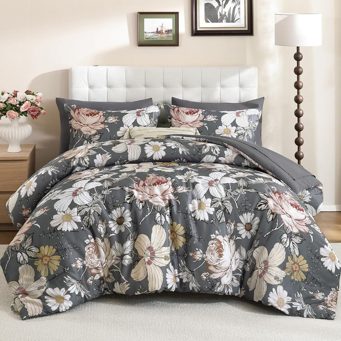 Luxudecor King Comforter Set 7 Pieces Bedding Sets,Black Pink Floral Comforter and Sheet Set,Soft Microfiber Bed in a Bag for All Seasons (Black Pink,104"x90")