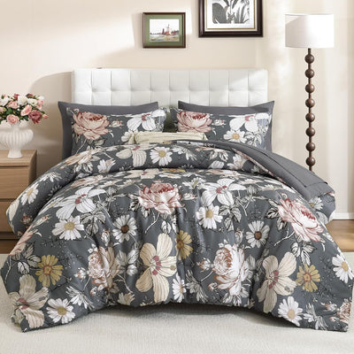 Luxudecor Queen Comforter Set 7 Pieces Bedding Sets,Gray Floral Comforter and Sheet Set,Soft Microfiber Bed in a Bag for All Seasons (Gray,90"x90")