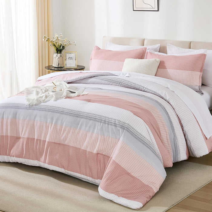 Andency Queen Comforter Set 7 Pieces Bed in a Bag - Black White Grey Striped Lightweight Soft Microfiber All Season Queen Size Bedding Set with Comforter, Fitted & Flat Sheet, Pillowcases & Shams