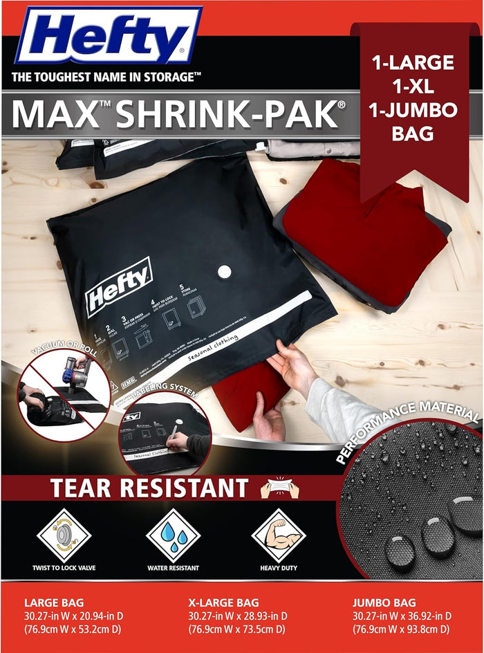 Hefty 3 Pack Vacuum Bags for Bedding, Large Vacuum Seal Storage Bags (30x36 Inch) Space Saving for Clothes, Pillows, Comforter Storage, Pump Included (3 Jumbo Bags Black)