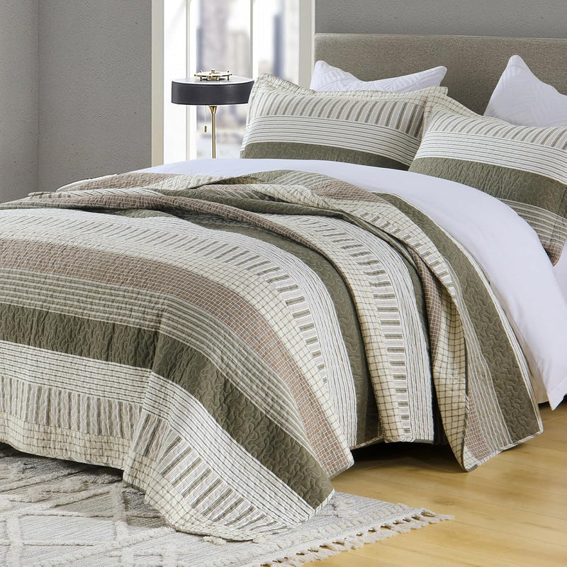 Striped Farmhouse Queen Quilt - 100% Cotton Queen Size Quilt Set, Beige Brown Green Lightweight Bedspread for Queen Bed, Breathable Coverlet Bedding Set for All Season, 3-Piece (98"x90")