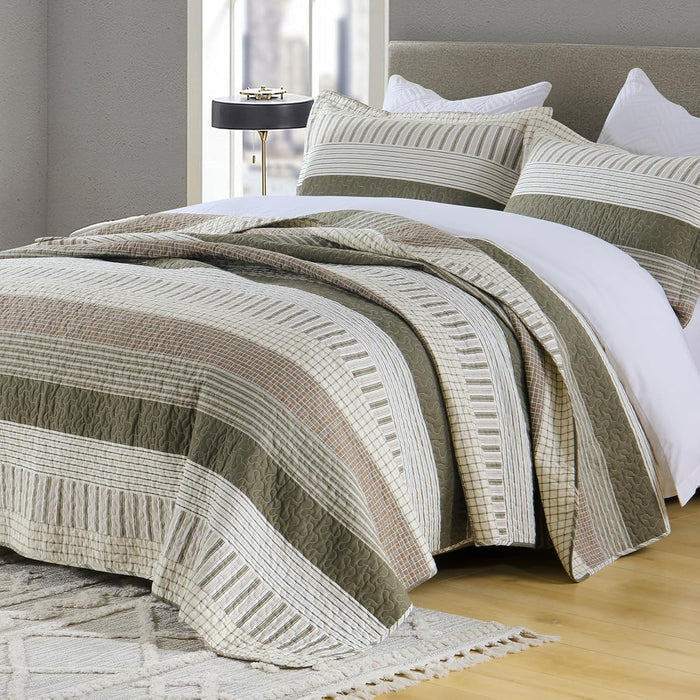 Striped Farmhouse Queen Quilt - 100% Cotton Queen Size Quilt Set, Beige Brown Green Lightweight Bedspread for Queen Bed, Breathable Coverlet Bedding Set for All Season, 3-Piece (98"x90")