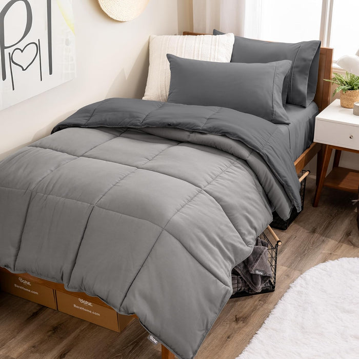 Bare Home Reversible Bed-in-A-Bag Comforter & Sheet Set - Queen - Down Alternative - Soft - Bedding Set (Queen, Light Grey/Grey)