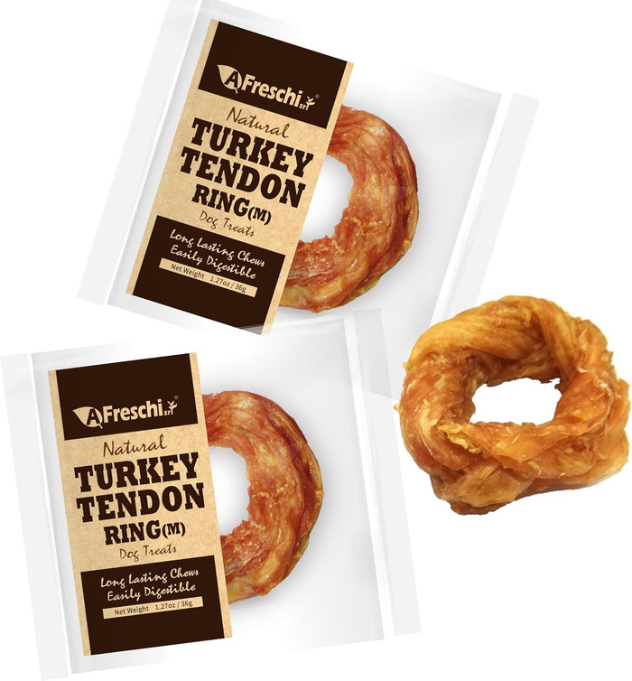 AFreschi Turkey Tendons for Dogs, USA-Sourced, Healthy Dog Treats, Rawhide-Free Puppy Chews, Long Lasting, All Natural, Hypoallergenic Dog Treats for Medium Breeds, 20 Count Box Ring (M)