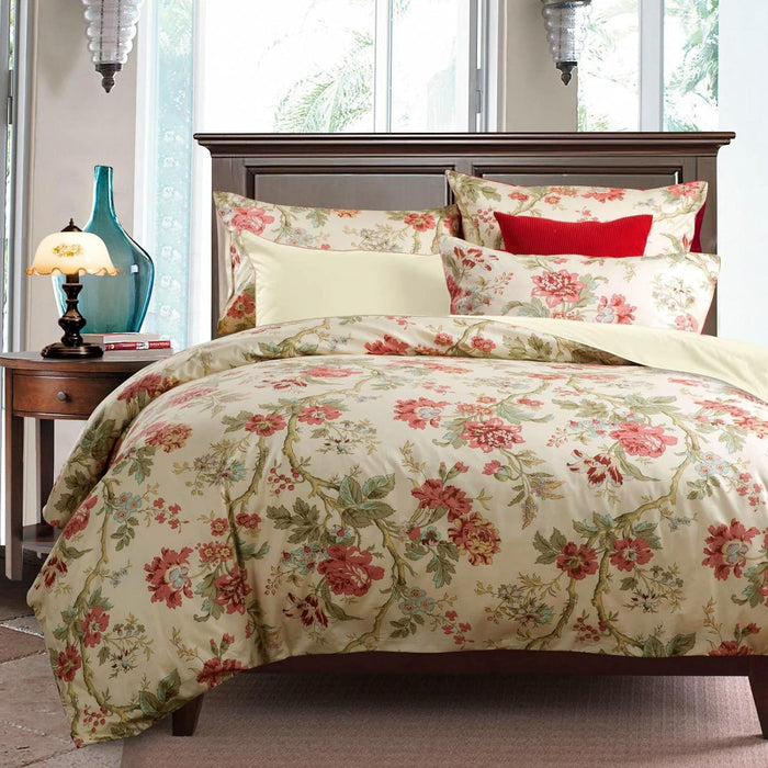 mixinni Garden Style Cotton Flowers and Birds Pattern Printed Duvet Cover Reversible Design Peacock Blue 3 Piece Bedding Duvet Set with Zipper Closure, Perfect for Him and Her-Queen Size