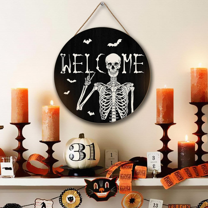 Halloween Skull Welcome Door Sign Halloween Front Door Hanger Decor Rustic Wood Hanging Door Wreath Wall Sign Home Party Outdoor Wall Decor