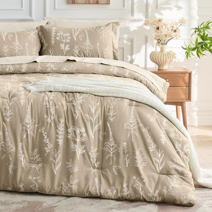 MUXHOMO Terracotta Bed in a Bag Queen 7 Pieces, Queen Comforter Set Reversible Botanical Flowers Design, Ultra Soft & Breathable Bedding Sets with Comforter, Sheets, Pillowcases & Shams