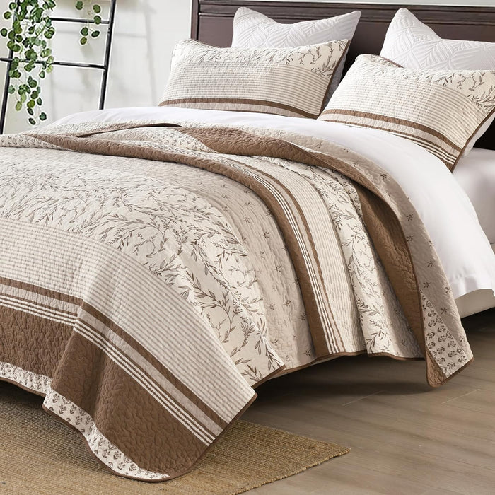Striped Farmhouse Queen Quilt - 100% Cotton Queen Size Quilt Set, Beige Brown Green Lightweight Bedspread for Queen Bed, Breathable Coverlet Bedding Set for All Season, 3-Piece (98"x90")