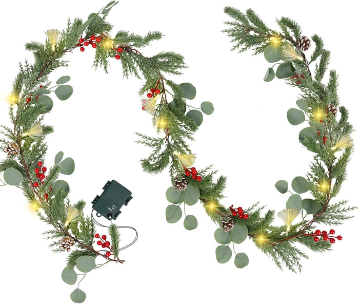 DR.DUDU Christmas Garland Decorations, 6FT Garlands with Lights Timer Indoor Decoration Pre-Lit Green Garland with Pine Cones Red Berry for Mantle Outdoor Fireplace Stairs Holiday Winter Décor