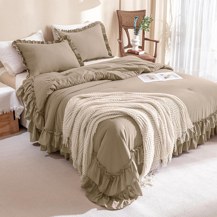 Queen's House Light Blue Farmhouse Ruffled King Size Comforter Set,Lightweight Microfiber Inner Fill Fluffy Boho Chic Bedding Comforter,Ultra Soft Microfiber Inner Fill Bedding