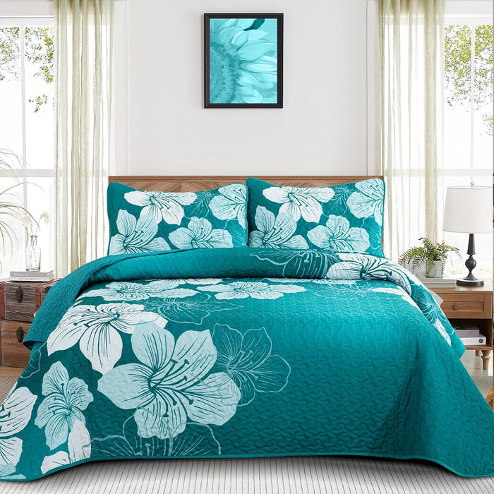 DJY 3 Pieces Quilt Set King Blue Floral Pattern Quilt Coverlet Elegant Bohemian Bedspread with 2 Pillow Shams Soft Lightweight Bedding Quilt Set for Adults (Blue, 104"x90")