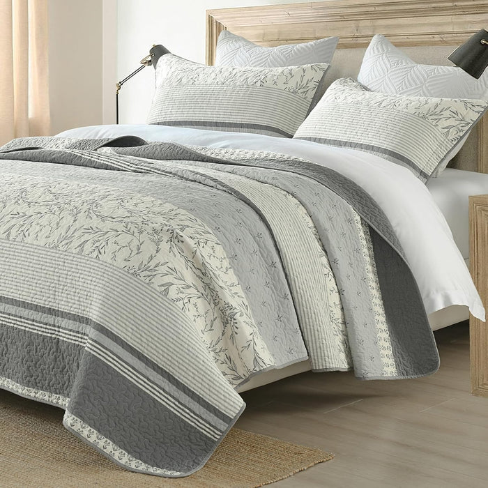Striped Farmhouse Queen Quilt - 100% Cotton Queen Size Quilt Set, Beige Brown Green Lightweight Bedspread for Queen Bed, Breathable Coverlet Bedding Set for All Season, 3-Piece (98"x90")