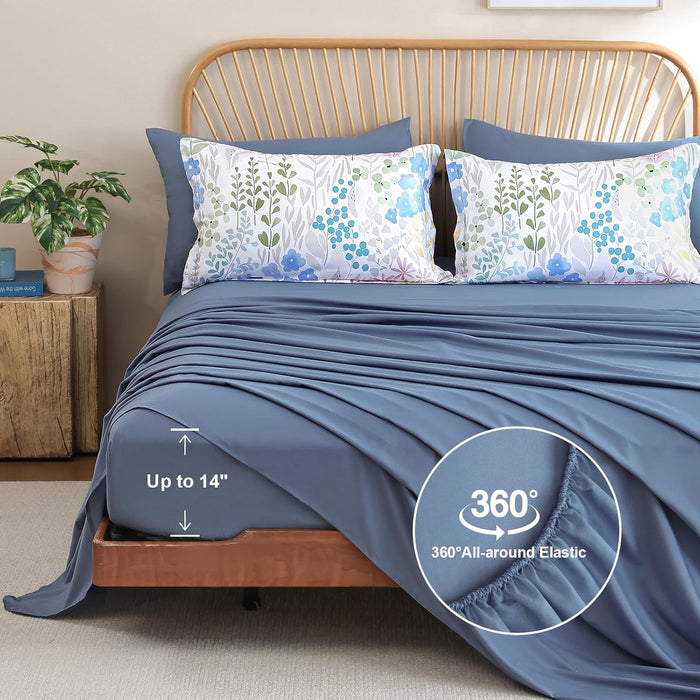 Xruibed Queen Comforter Set 7 Pieces, Blue Floral Bedding Set, Bed in a Bag Queen with Botanical Flowers Patterns, Soft Microfiber Complete Bedding Set with Sheets for All Season