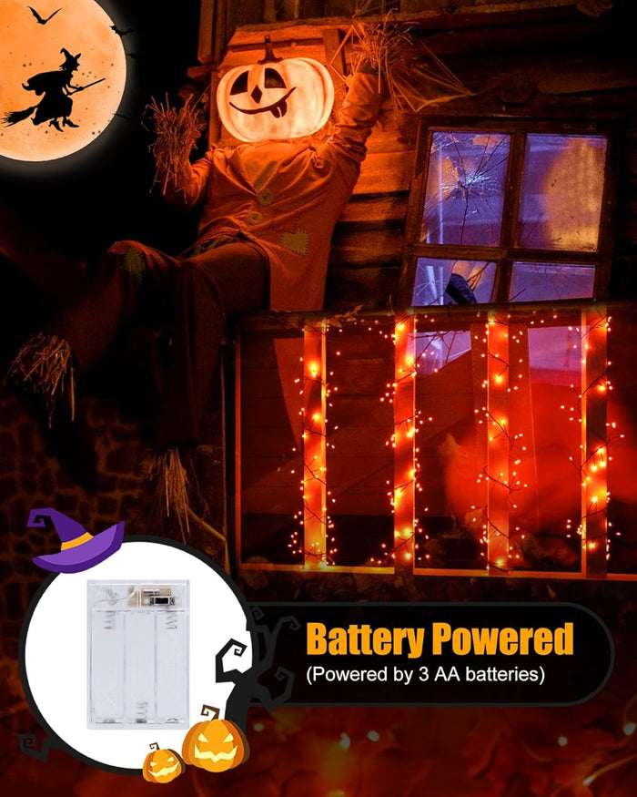 Halloween Fairy Lights Battery Operated, 10 Feet 120LEDs Firecracker String Lights Waterproof Silver Wire Starry Firefly Light for Bedroom Home Haunted House Indoor Outdoor Holiday Decorations, Orange