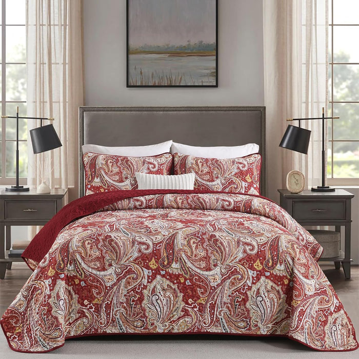 DJY Red Paisley Quilt Set California King Boho Bedspread 3 Pieces, Soft Lightweight Microfiber Coverlet Set Paisley Floral Pattern Bedding for All Season, 112"x96"
