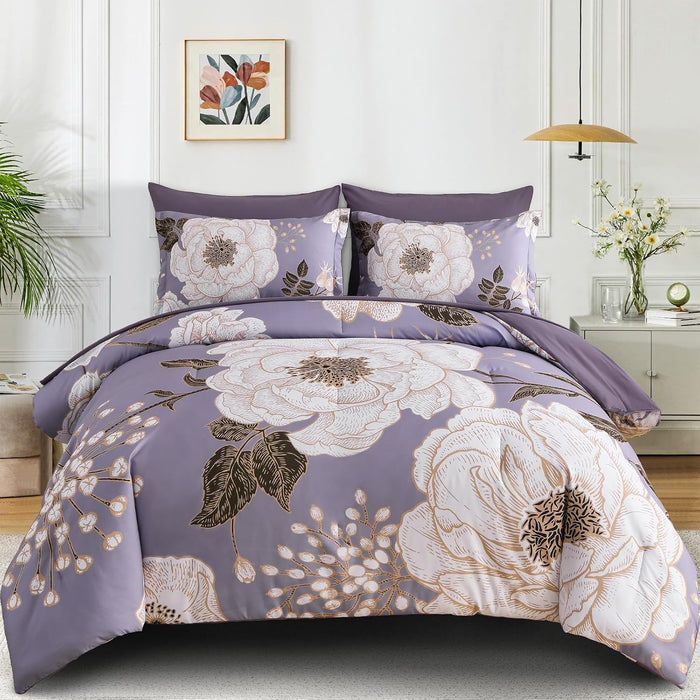 Luxudecor Floral Queen Comforter Set 7 Pieces Bed in a Bag, White Flower Print on Navy Blue Bedding Set, Soft Reversible Comforter with Sheet Set 90"x90"