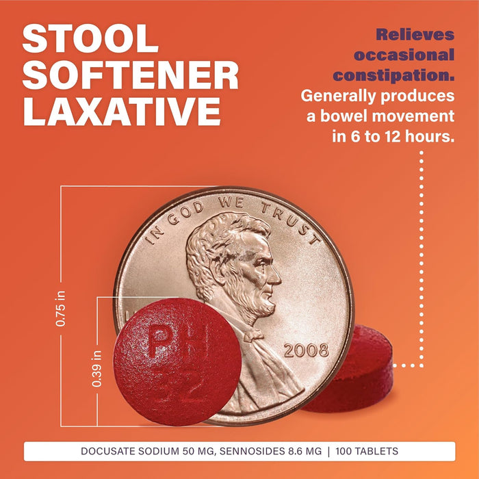 Rugby Stimulant Laxative Plus Stool Softener Docusate Sodium 50 mg/Sennosides 8.6 mg - Laxative Tablets for Constipation Relief - Stool Softeners for Women, Men, and Kids - 100 Tablets