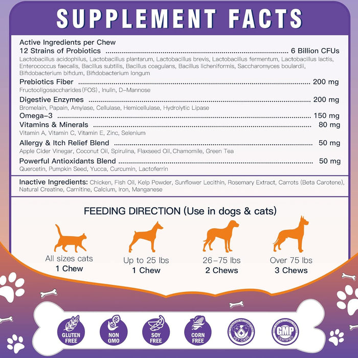 Probiotics for Dogs, Freeze-Dried Dog Probiotics and Digestive Enzymes, Plus Omega-3 for Itchy Skin, 3-in-1 Prebiotics for Digestive Health, Dog Vitamins and Supplements for Immune Health, 120 Bites