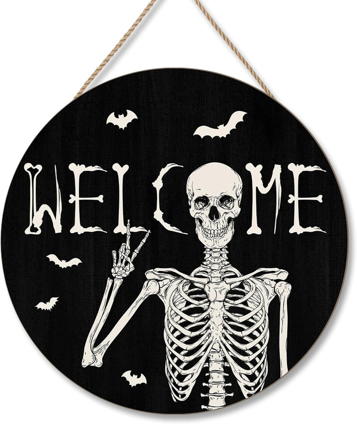 Halloween Skull Welcome Door Sign Halloween Front Door Hanger Decor Rustic Wood Hanging Door Wreath Wall Sign Home Party Outdoor Wall Decor