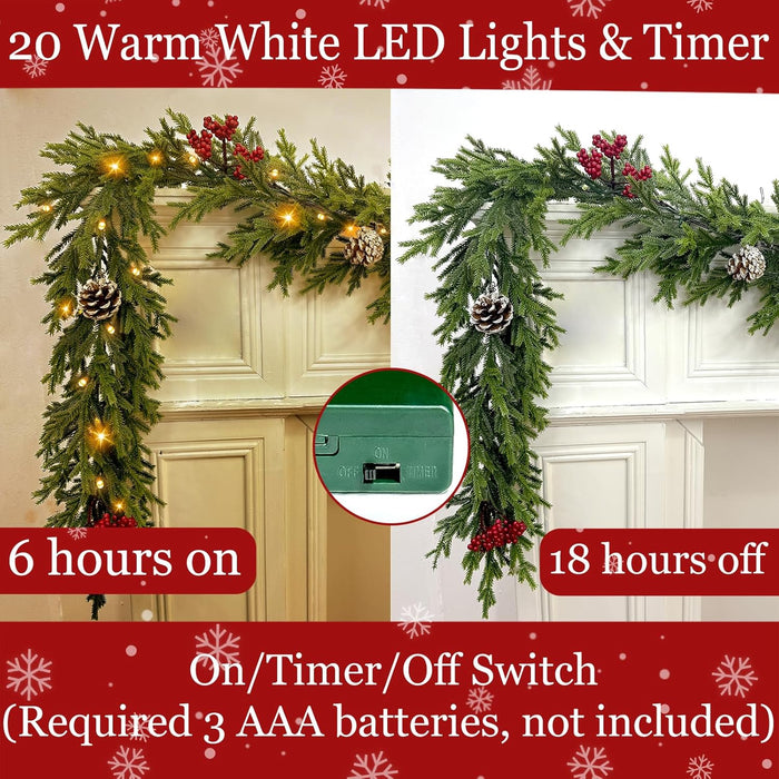 6FT Pre-lit Christmas Cedar Garland with 20 Warm White LEDs Timer Red Berries Pinecones and Soft Vine, Lighted Christmas Garland for Mantle, Table, Fireplace, Wall, Stairs, Indoor, Outdoor Xmas Decor