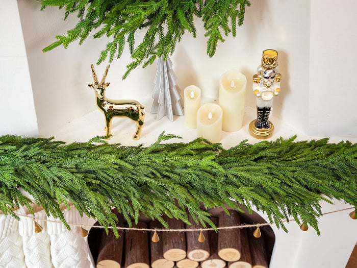 15FT Christmas Garland Real Touch Norfolk Pine Garland Winter Pine Garland for Mantle Stairs Railing Table Fireplace Wall Indoor Outdoor Holiday Xmas Decor Decoration