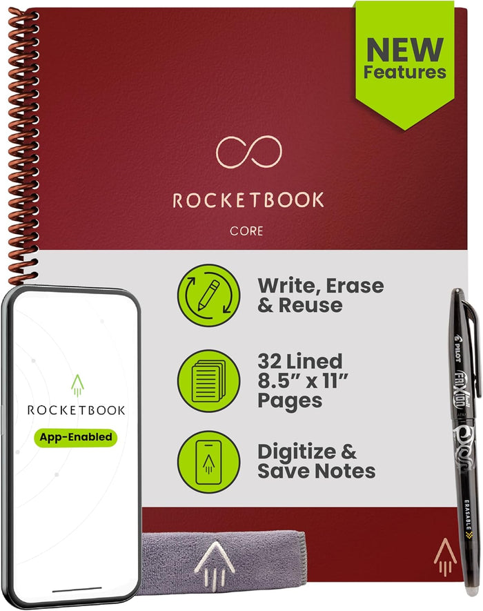 Rocketbook Core Reusable Smart Notebook, Lined Pages For School, Work and Creative Projects, Letter Size 8.5x11, Black - Premium