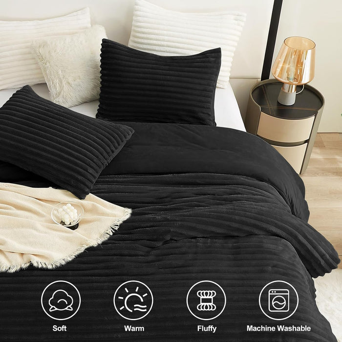 CozyLux Fluffy Queen Comforter Set - Super Soft Faux Fur Black Comforter Queen Size, Winter Warm Fleece Bedding Set, 3 Pieces Plush Fuzzy Bed Set (1 Shaggy Comforter, 2 Pillowcases)