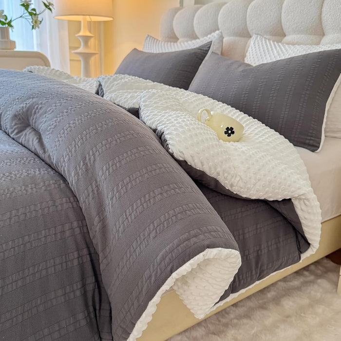 Boho Comforter Set Full Size Striped Pleats Bohemian Seersucker Bedding Set All Season Soft Cozy 3 Pieces Quilt with 2 Pillowcases(80"X90" Light Blue)