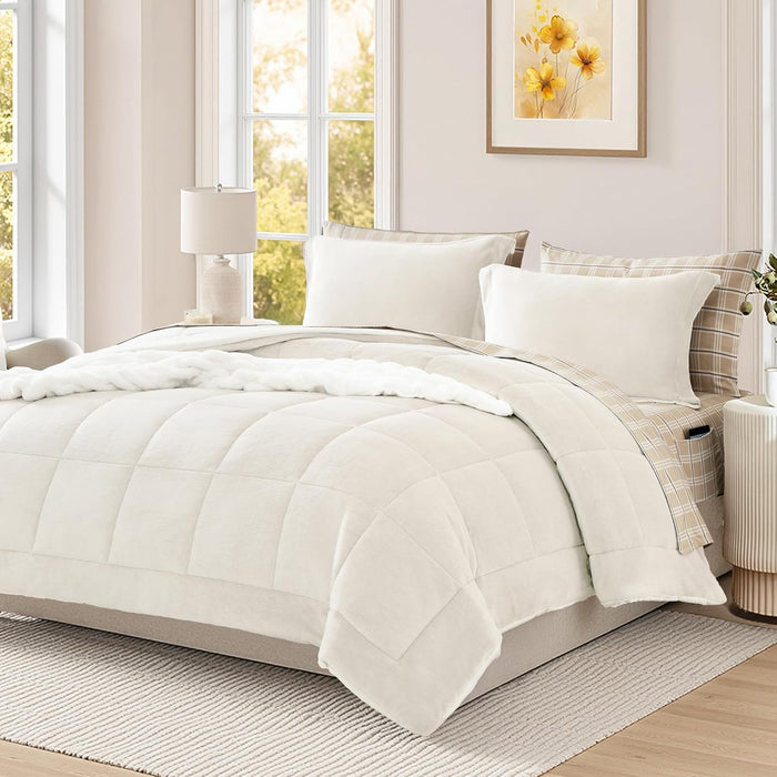 Plush Queen Comforter Set Light Taupe, Flannel Velvet Comforter Sets 7 Pieces Bed in a Bag, Soft Warm Winter Bedding Set with Sheets, Pillowcases & Shams