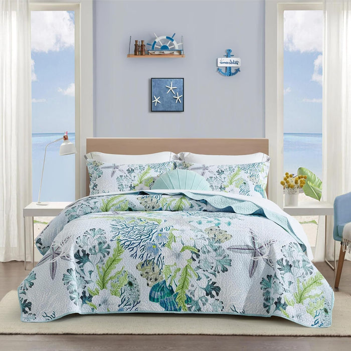 Tritard 3 Piece Coastal Quilt Sets Full/Queen Size - Reversible Microfiber Quilts with 2 Shams Soft Lightweight Beach Bedding Nautical Bedspread Coverlet Summer Comforter for All Season, 90''x96'', C1