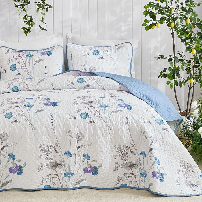 WONGS BEDDING 3 Pieces Quilt Set Queen Size, Purple Floral Botanical Plants Pattern Bedspread Coverlet Set with 2 Pillowcases, Soft Lightweight Microfiber Bedding Set for All Season(96"×90")