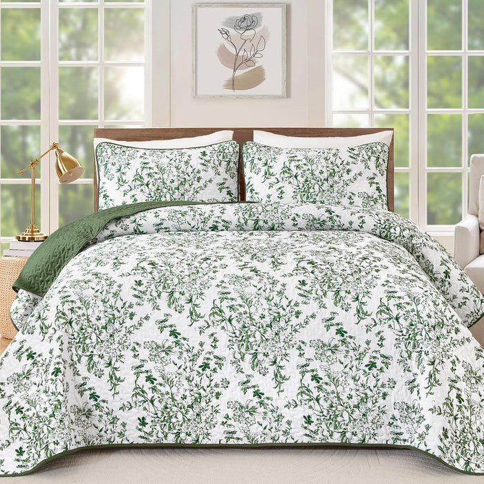 WONGS BDEEING Quilt Queen Size, Sage Green Quilt Bedding Set with 2 Pillowcases, Botanical Quilt for Queen Bed, Soft Microfiber Lightweight Coverlet Bedspread for All Season (96"×90", 3 Pieces)