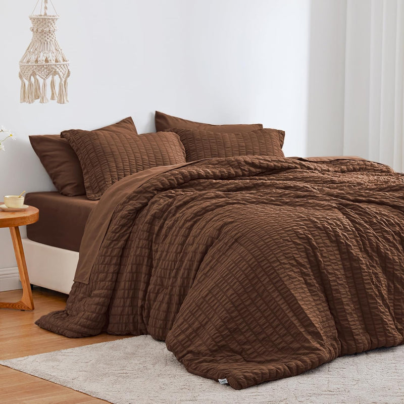 Love's cabin Seersucker Dark Grey Queen Comforter Set 7 Pieces, All Season Bedding Set, Queen Bed in a Bag Comforter Set with Comforter, Flat Sheet, Fitted Sheet, Pillowcase and Pillow Sham