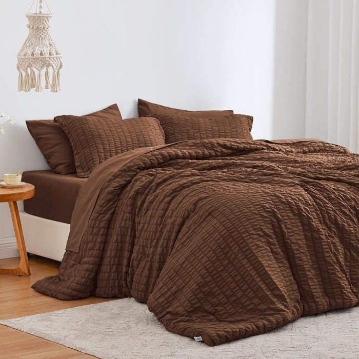 Love's cabin Seersucker Dark Grey Queen Comforter Set 7 Pieces, All Season Bedding Set, Queen Bed in a Bag Comforter Set with Comforter, Flat Sheet, Fitted Sheet, Pillowcase and Pillow Sham