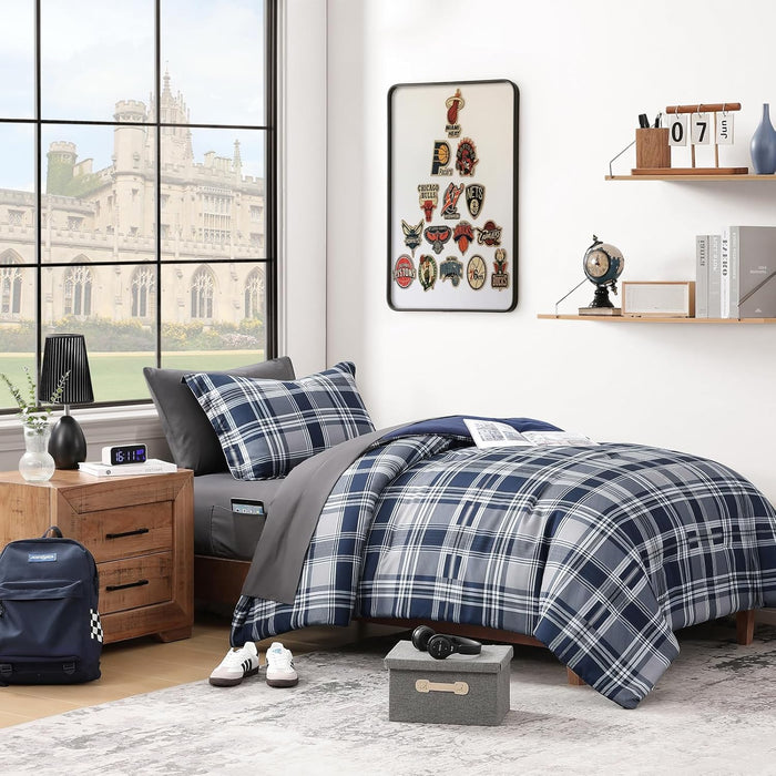MaiRêve Full Size Comforter Set Navy Blue, Plaid Design Comforter Set 7 Pieces, All Season Comfortable Bedding Sets Full, Lightweight, Soft and Warm (Navy Blue, Full)