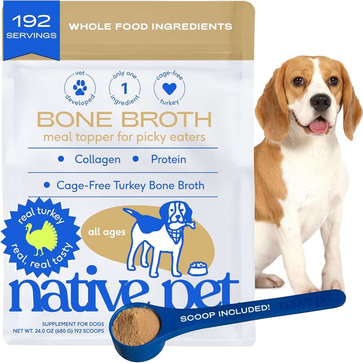 Native Pet Bone Broth for Dogs - Made with Real Beef Bone Broth, Dog Food Toppers for Picky Eaters - Provides Extra Hydration & Nutrition for Joint Strength, Immunity & Heart Health-48 Scoops