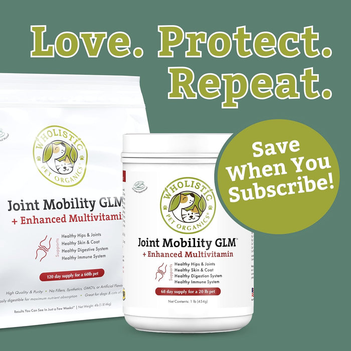 Wholistic Pet Organics Joint Mobility GLM - 2 Lb - Hip and Joint Supplement for Dogs - Glucosamine for Dogs - Chondroitin Supplement with Green Lipped Mussels - Senior to Puppy - Large & Small Breeds
