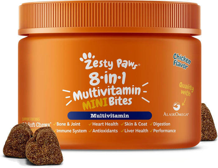 Zesty Paws Dog Multivitamin, Chewable Dog Vitamins and Supplements for Hip & Joints, Skin & Coat, Omega 3 Fish Oil for Dogs- Senior & Puppy Multivitamin- Chicken- 90ct