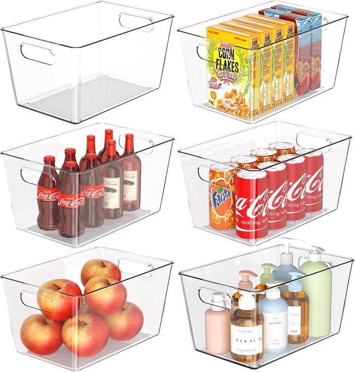 Set of 8 Clear Plastic Storage Bins, 6 Large +2 Small Pantry Organizers and Storage Containers for Kitchen Organization, Home Storage Essentials for Office, Closet, Garage, Freezer& Bathroom