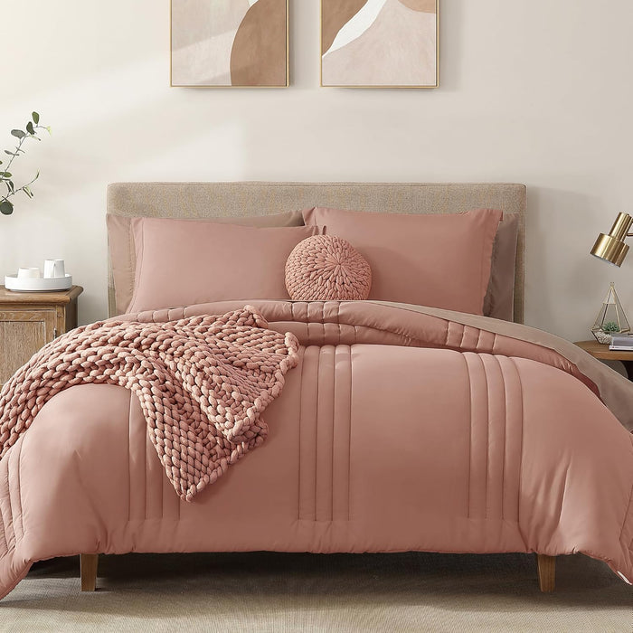Monbix Queen Comforter Set - 7 Pieces Blue Gray Bed in a Bag Queen Bedding Sets with Comforters, All Seasons Comforter Bed Set with Sheets,Pillowcases & Shams
