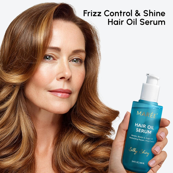 MAREE Hair Oil for Frizzy Hair with Argan Oil, Keratin & Biotin – Hair Serum for Dry and Curly Hair Gloss – Frizz Control Hair Care Products for Women – Aceite Para el Cabello – Keratin Hair Treatment