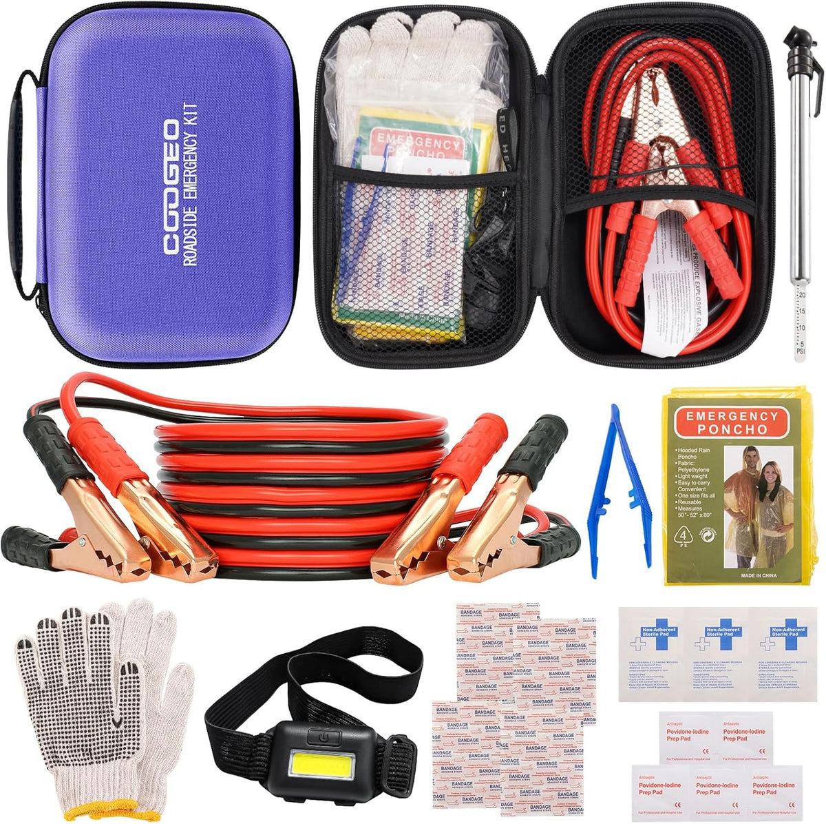 Car Emergency Kit with Battery Jumper Cables,Car Accessories for Men or Women,Emergency Car Kit,Roadside Automotive Safety Kit for Car,Vehicle,Truck or SUV,Gifts for Men or Him,Black
