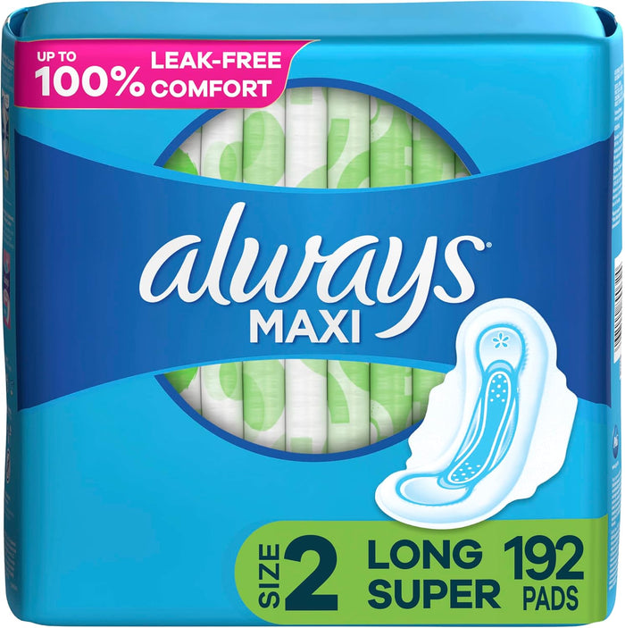Always Maxi Feminine Pads with Wings for Women, Size 2, Long Super Absorbency, Unscented 60 Count
