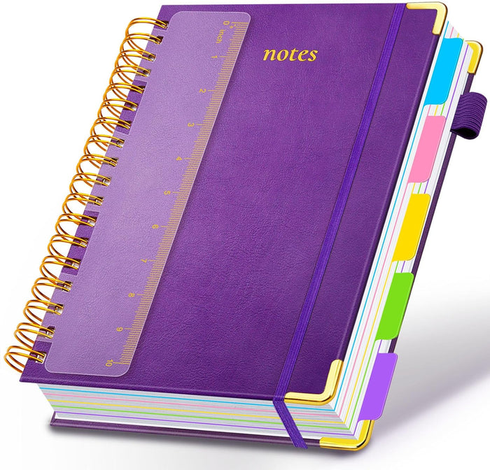 Hardcover Spiral Notebook 8"x10" Journal Notebook with Tabs and Removable Dividers 300 Pages 5 Subject Notebook College Ruled, Faux Leather Spiral Bound Notebook for Women School Work (Purple)