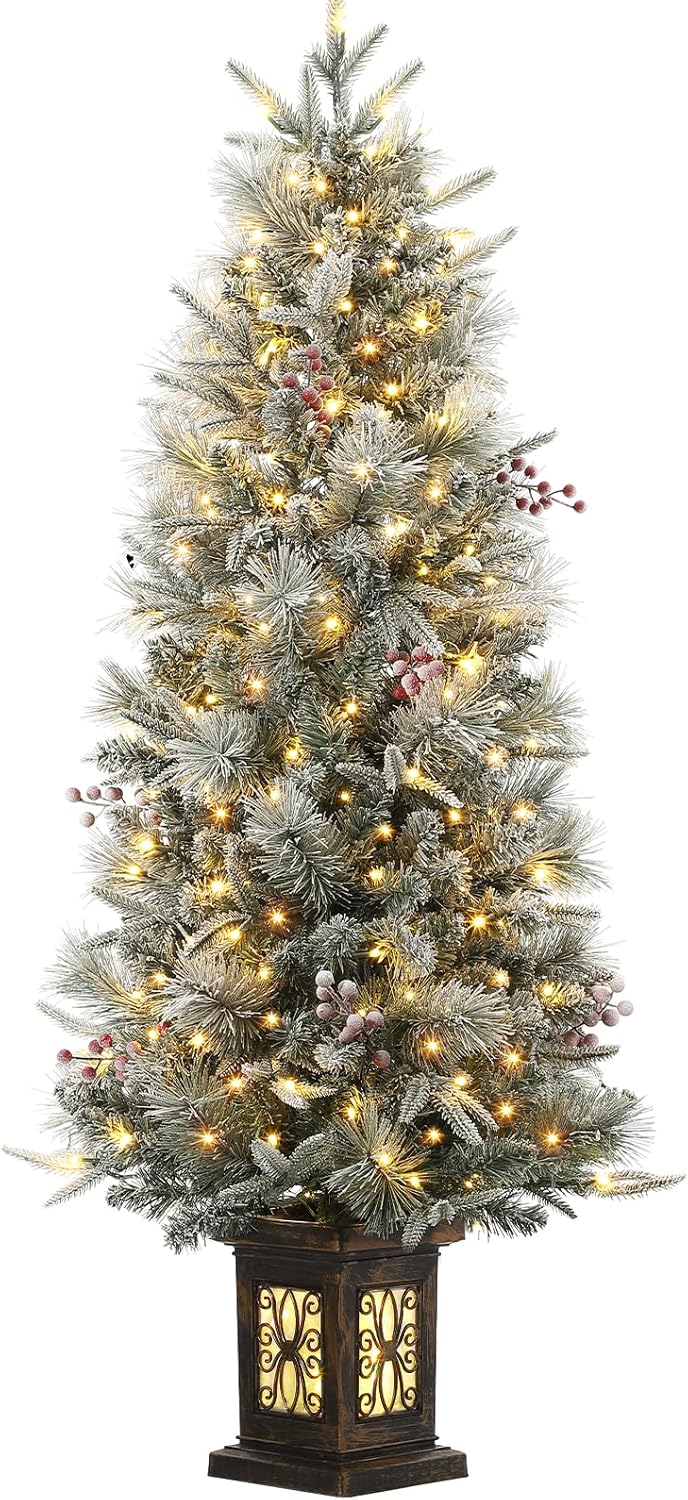 4.5 Ft Artificial Fiber Optic Christmas Tree, Pre-Lit Artificial Potted Xmas Tree with 300 Led Lights, 8 Lighting Modes, Includes Antique Urn Base, 1 PCS