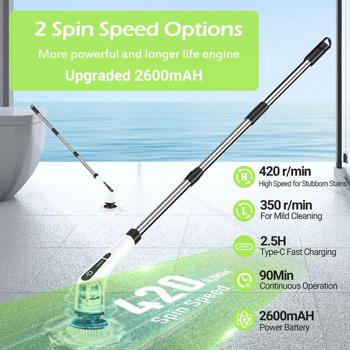 Electric Spin Scrubber, Cordless Bathroom Tub Scrubber with Long Handle & 7 Replaceable Cleaning Heads, Extension as Short Handle, Portable Power Shower Brush Household Tools for Tile Floor
