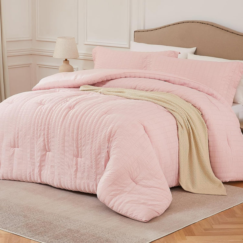 White Queen Comforter Set - 3 Pieces Seersucker Lightweight Bedding Comforter Sets (1 Soft Fluffy Comforter & 2 Pillowcases) - All Seasons Cozy Modern Bed Sets