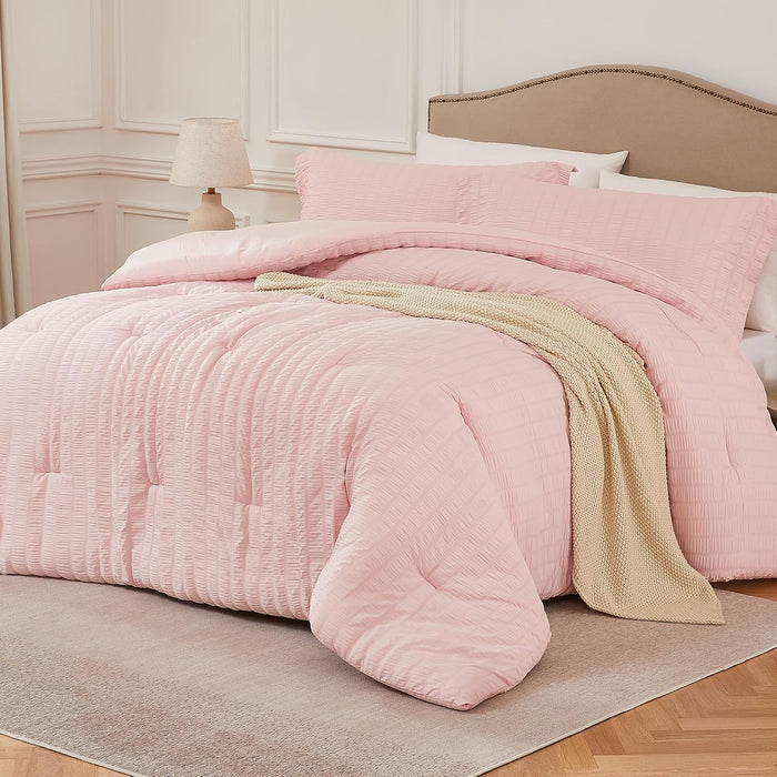 White Queen Comforter Set - 3 Pieces Seersucker Lightweight Bedding Comforter Sets (1 Soft Fluffy Comforter & 2 Pillowcases) - All Seasons Cozy Modern Bed Sets